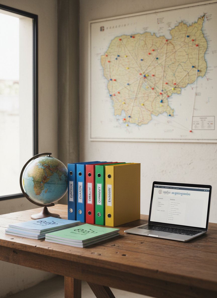 A carefully arranged collection of volunteer tools rests on a sturdy wooden table: neatly stacked exercise books with Khmer script on their covers, a well-used globe with faintly worn edges, color-coded folders labeled with tidy tags, and a laptop displaying a clean, bilingual project plan. Behind them, a large wall map of Cambodia is pinned with bright markers and string connecting regions. Soft, diffused daylight from a nearby window casts gentle, professional shadows, highlighting the textures of paper, metal, and polished wood. Photographic realism at eye level, with a shallow depth of field that keeps the desk items crisp while the map and wall fade into a subtle blur, creating a focused, organized, and trustworthy atmosphere for an international volunteer foundation.