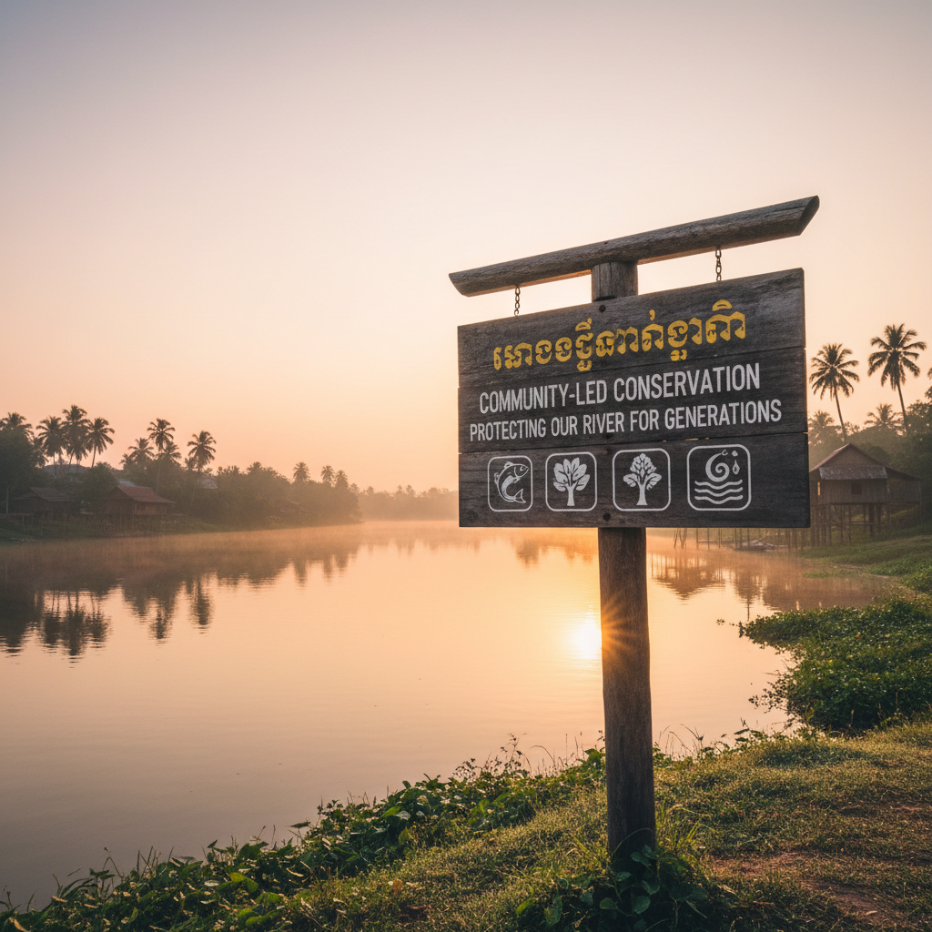 A serene Cambodian riverside at sunrise, presented in clean photographic realism, symbolizing long-term impact. In the foreground, a sturdy wooden signboard on a simple post explains a community-led conservation initiative in clear, bilingual text alongside icons of fish, trees, and clean water. The river is calm, reflecting a soft pink and gold sky, with distant silhouettes of traditional stilt houses and palm trees along the bank. Mist hangs low over the water, and the first rays of sunlight create a gentle glow on the sign’s textured surface and weathered wood grain. Shot with a wide, cinematic composition, the scene feels hopeful, enduring, and environmentally conscious, aligning with sustainable volunteer programs in Cambodia.