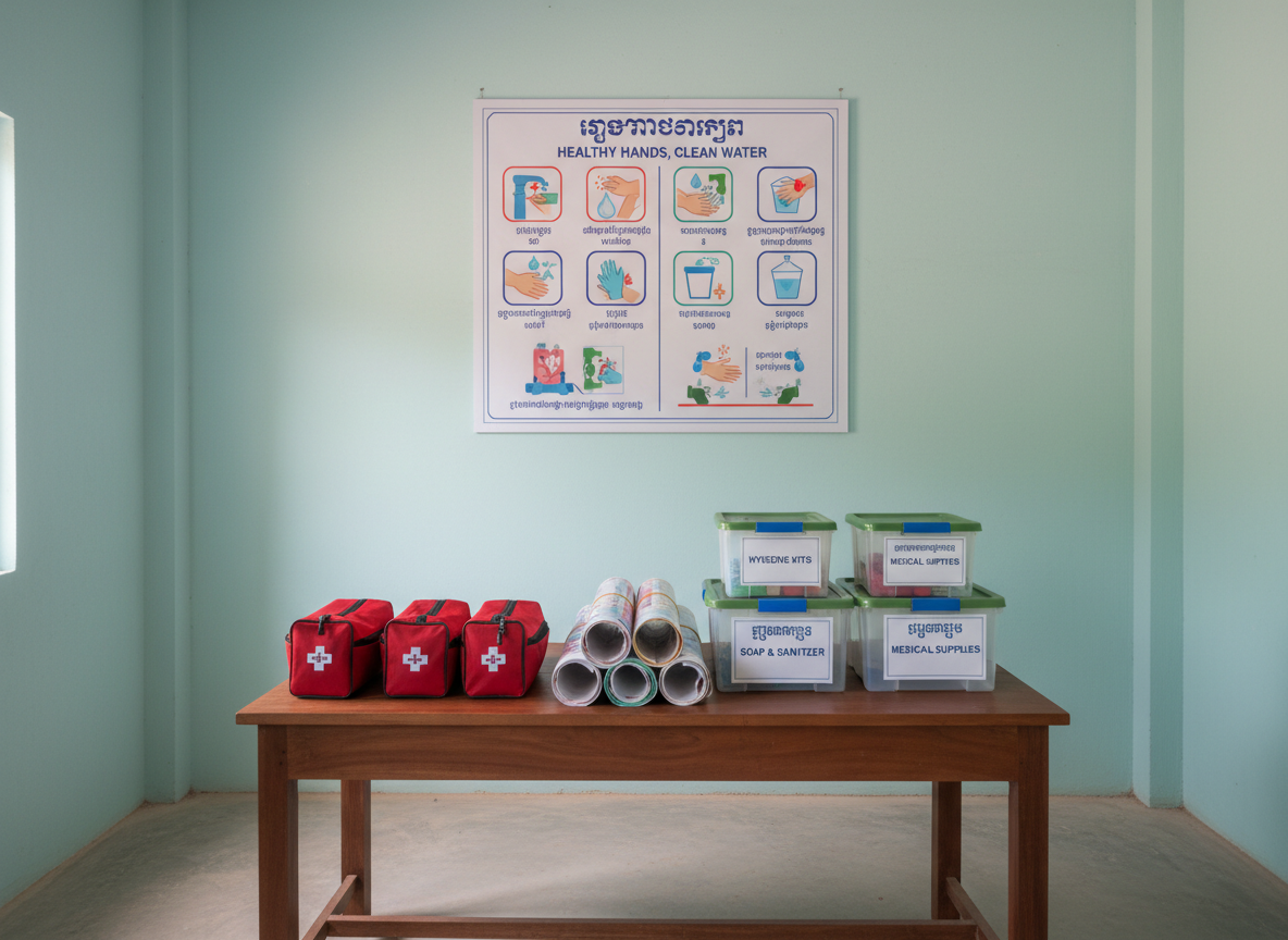 An interior of a small, well-equipped rural health education room in Cambodia, shown in clean photographic realism. A sturdy wooden table displays neatly arranged first-aid kits, illustrated health posters rolled and secured with rubber bands, and a row of labeled storage boxes for hygiene supplies. On the wall, a large laminated chart in Khmer and English explains handwashing and clean water practices, with clear, colorful icons. Soft, diffused overhead lighting combines with faint daylight from a high window, creating an even, professional illumination with minimal shadows. Shot at eye level with sharp focus throughout, the room feels organized, practical, and trustworthy, emphasizing the foundation’s commitment to health-focused volunteer programs without showing any people.